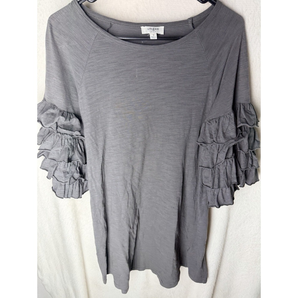 Umgee Top Womens S Gray Ruffle Bell Sleeve 3/4 Tiered Slub Tunic Boho